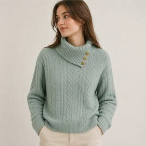 EP SZ L Mohair Wool Blend Cable Knit Sweater Soft Green Gold Buttons